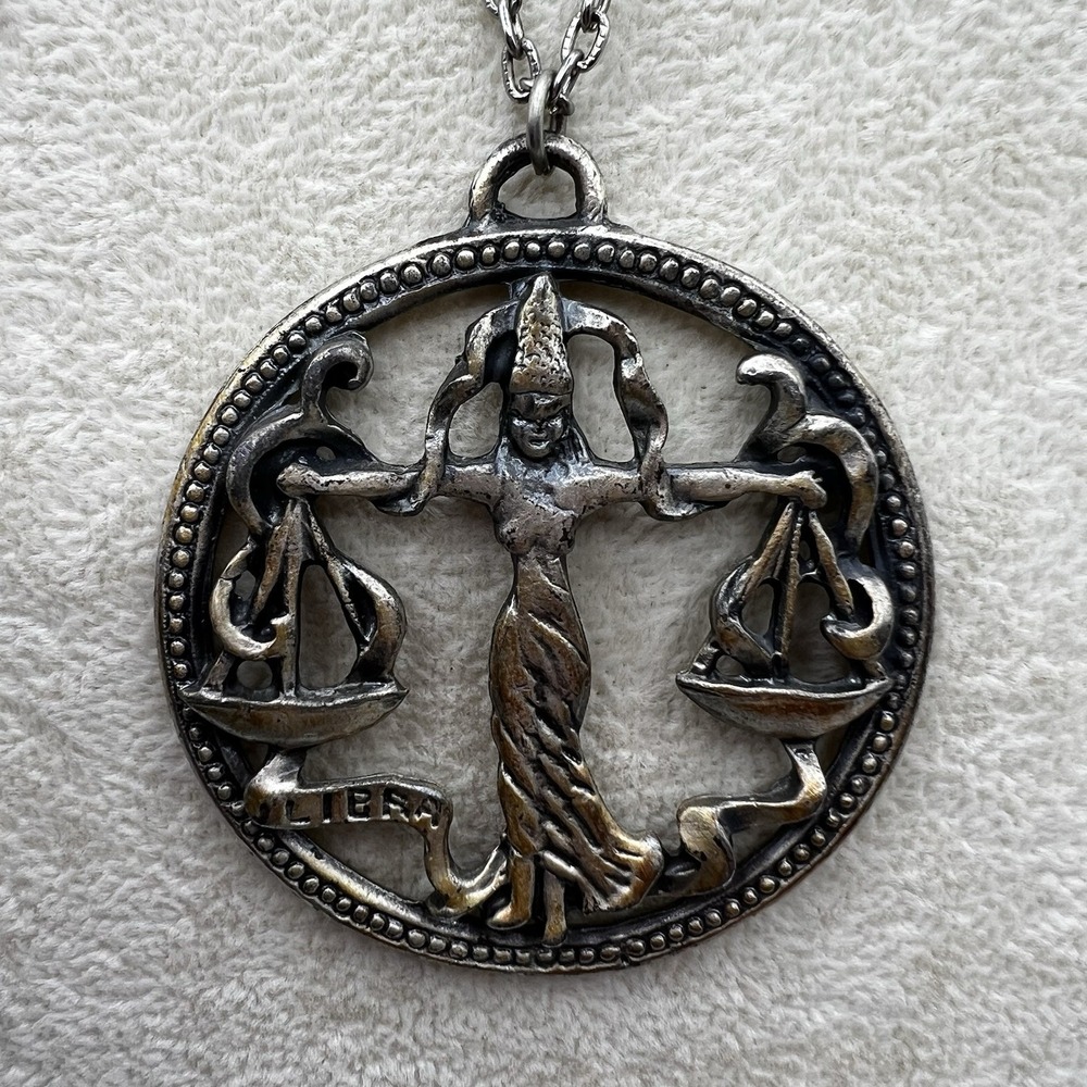 Libra Pendant Medallion Necklace 24" Zodiac Astrology Vintage 1960s 1970s Unisex